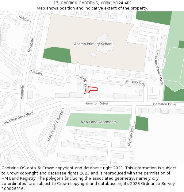 17, CARRICK GARDENS, YORK, YO24 4PF: Location map and indicative extent of plot