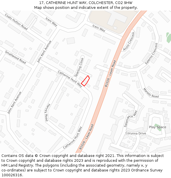 17, CATHERINE HUNT WAY, COLCHESTER, CO2 9HW: Location map and indicative extent of plot