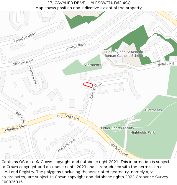 17, CAVALIER DRIVE, HALESOWEN, B63 4SQ: Location map and indicative extent of plot