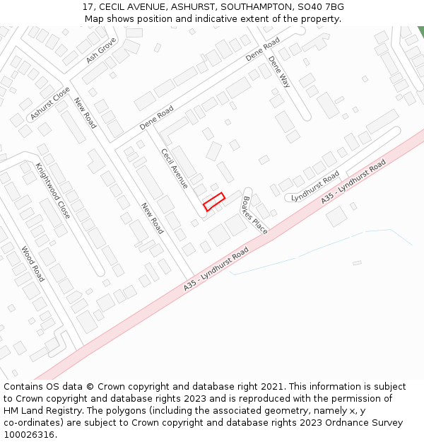 17, CECIL AVENUE, ASHURST, SOUTHAMPTON, SO40 7BG: Location map and indicative extent of plot