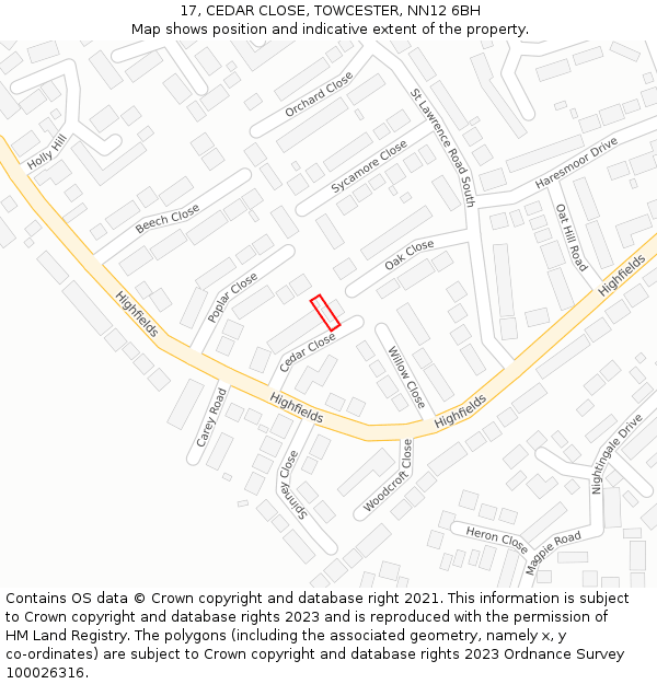 17, CEDAR CLOSE, TOWCESTER, NN12 6BH: Location map and indicative extent of plot