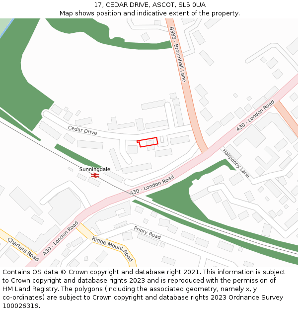 17, CEDAR DRIVE, ASCOT, SL5 0UA: Location map and indicative extent of plot