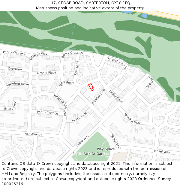 17, CEDAR ROAD, CARTERTON, OX18 1FQ: Location map and indicative extent of plot