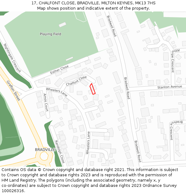 17, CHALFONT CLOSE, BRADVILLE, MILTON KEYNES, MK13 7HS: Location map and indicative extent of plot