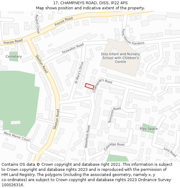 17, CHAMPNEYS ROAD, DISS, IP22 4PS: Location map and indicative extent of plot