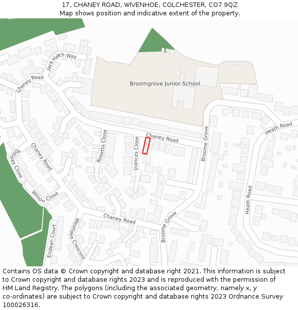 17, CHANEY ROAD, WIVENHOE, COLCHESTER, CO7 9QZ: Location map and indicative extent of plot