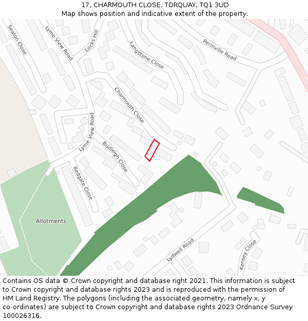 17, CHARMOUTH CLOSE, TORQUAY, TQ1 3UD: Location map and indicative extent of plot