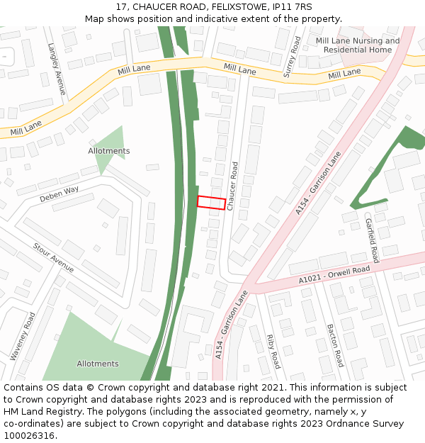 17, CHAUCER ROAD, FELIXSTOWE, IP11 7RS: Location map and indicative extent of plot