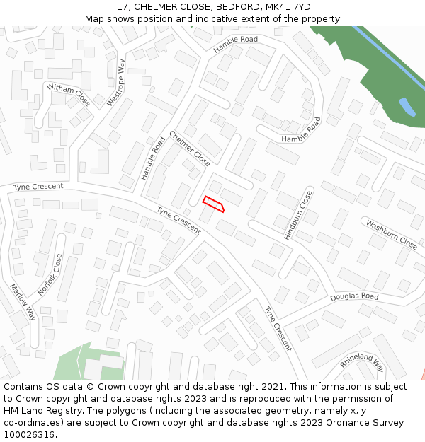 17, CHELMER CLOSE, BEDFORD, MK41 7YD: Location map and indicative extent of plot