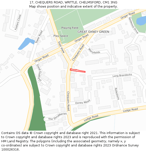 17, CHEQUERS ROAD, WRITTLE, CHELMSFORD, CM1 3NG: Location map and indicative extent of plot