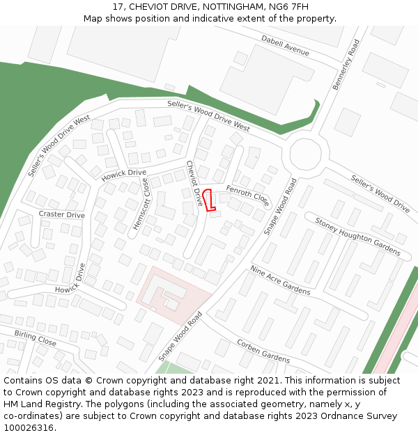 17, CHEVIOT DRIVE, NOTTINGHAM, NG6 7FH: Location map and indicative extent of plot