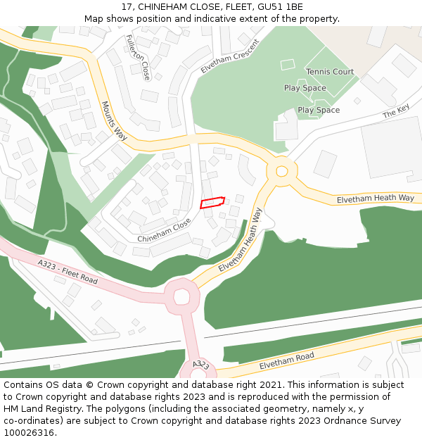 17, CHINEHAM CLOSE, FLEET, GU51 1BE: Location map and indicative extent of plot