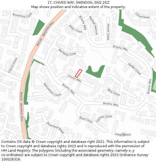 17, CHIVES WAY, SWINDON, SN2 2SZ: Location map and indicative extent of plot