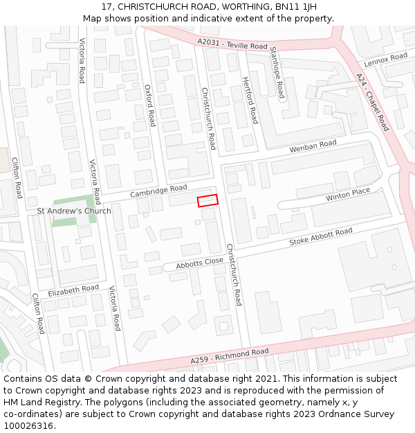 17, CHRISTCHURCH ROAD, WORTHING, BN11 1JH: Location map and indicative extent of plot