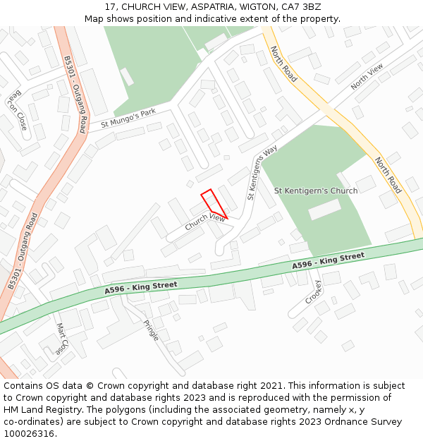 17, CHURCH VIEW, ASPATRIA, WIGTON, CA7 3BZ: Location map and indicative extent of plot