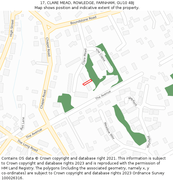 17, CLARE MEAD, ROWLEDGE, FARNHAM, GU10 4BJ: Location map and indicative extent of plot