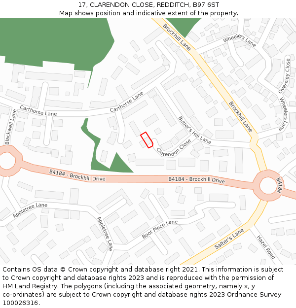 17, CLARENDON CLOSE, REDDITCH, B97 6ST: Location map and indicative extent of plot