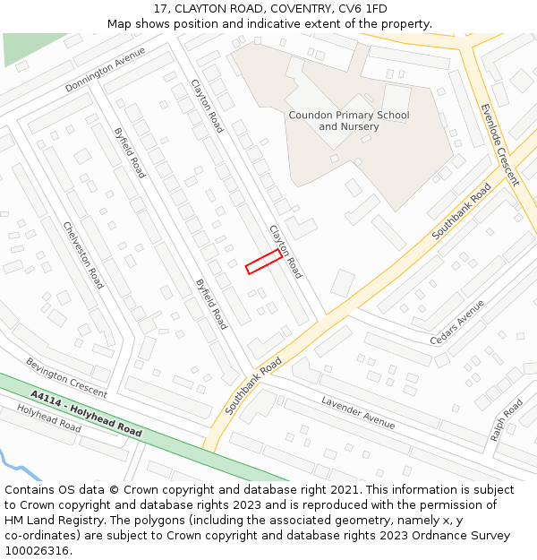 17, CLAYTON ROAD, COVENTRY, CV6 1FD: Location map and indicative extent of plot