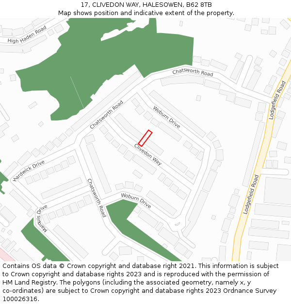 17, CLIVEDON WAY, HALESOWEN, B62 8TB: Location map and indicative extent of plot