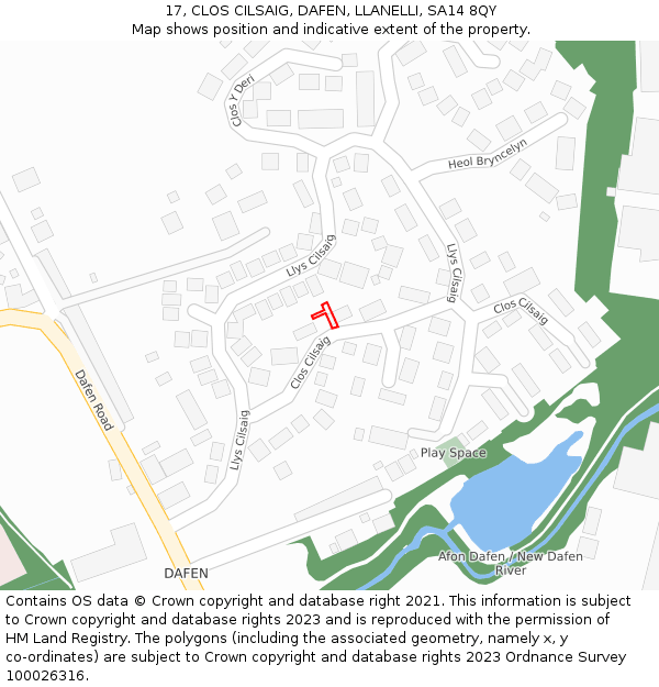 17, CLOS CILSAIG, DAFEN, LLANELLI, SA14 8QY: Location map and indicative extent of plot