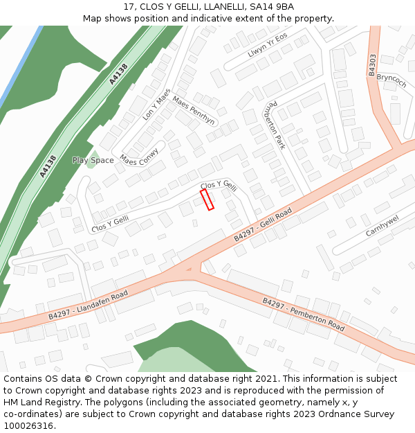 17, CLOS Y GELLI, LLANELLI, SA14 9BA: Location map and indicative extent of plot