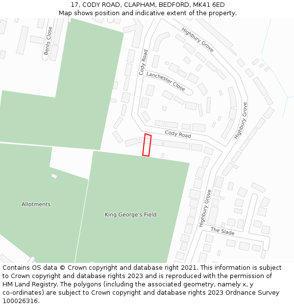 17, CODY ROAD, CLAPHAM, BEDFORD, MK41 6ED: Location map and indicative extent of plot