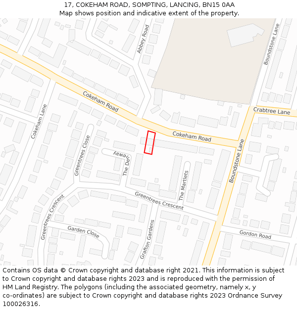 17, COKEHAM ROAD, SOMPTING, LANCING, BN15 0AA: Location map and indicative extent of plot