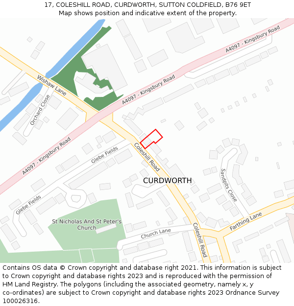 17, COLESHILL ROAD, CURDWORTH, SUTTON COLDFIELD, B76 9ET: Location map and indicative extent of plot