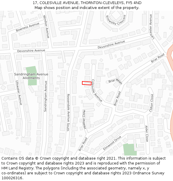 17, COLESVILLE AVENUE, THORNTON-CLEVELEYS, FY5 4ND: Location map and indicative extent of plot