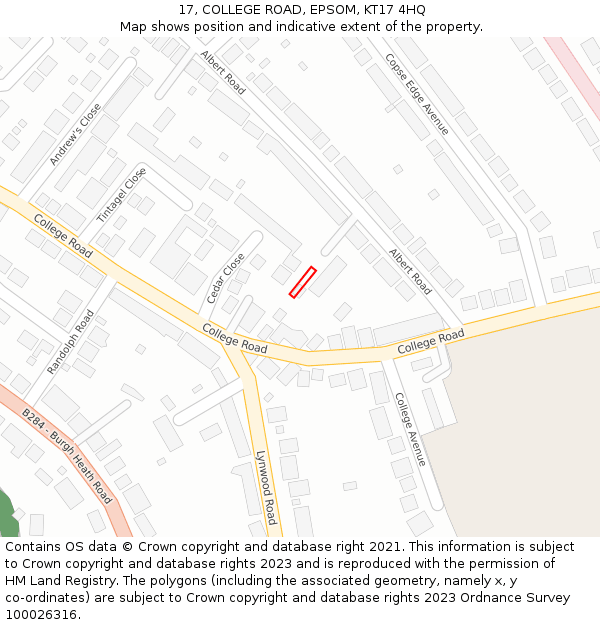 17, COLLEGE ROAD, EPSOM, KT17 4HQ: Location map and indicative extent of plot