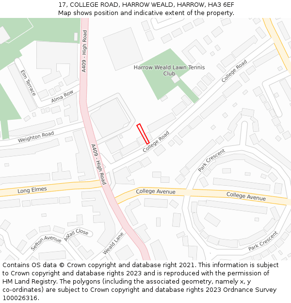 17, COLLEGE ROAD, HARROW WEALD, HARROW, HA3 6EF: Location map and indicative extent of plot