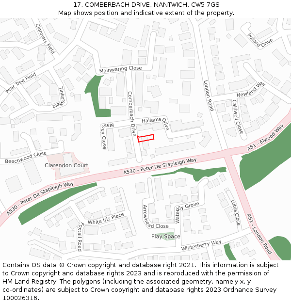 17, COMBERBACH DRIVE, NANTWICH, CW5 7GS: Location map and indicative extent of plot