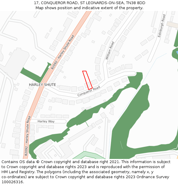 17, CONQUEROR ROAD, ST LEONARDS-ON-SEA, TN38 8DD: Location map and indicative extent of plot