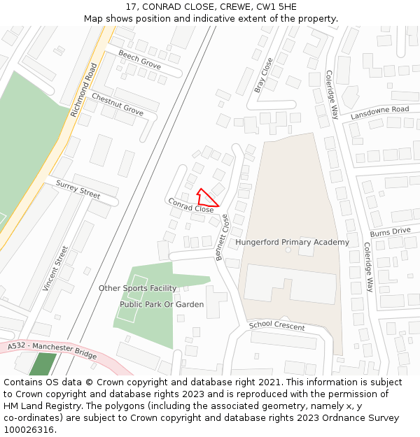 17, CONRAD CLOSE, CREWE, CW1 5HE: Location map and indicative extent of plot