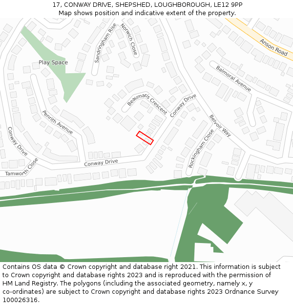 17, CONWAY DRIVE, SHEPSHED, LOUGHBOROUGH, LE12 9PP: Location map and indicative extent of plot