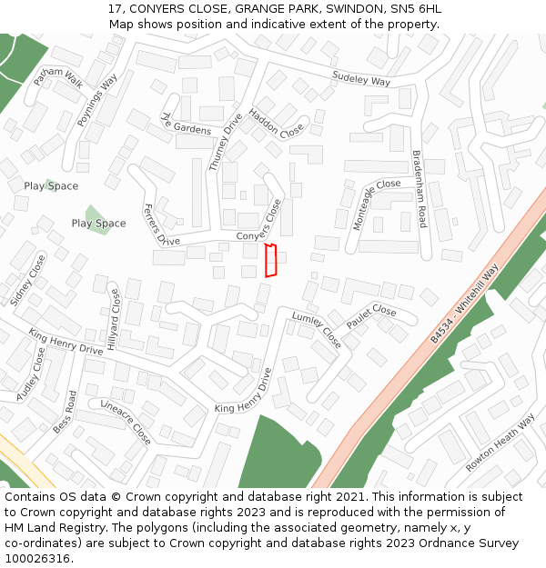 17, CONYERS CLOSE, GRANGE PARK, SWINDON, SN5 6HL: Location map and indicative extent of plot