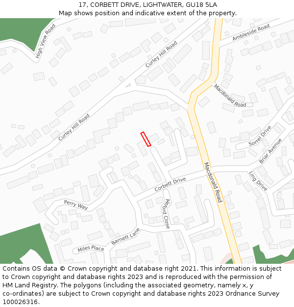 17, CORBETT DRIVE, LIGHTWATER, GU18 5LA: Location map and indicative extent of plot