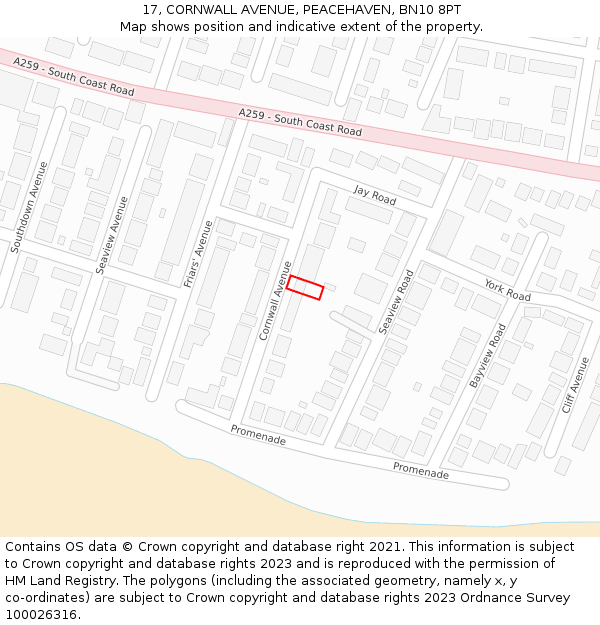 17, CORNWALL AVENUE, PEACEHAVEN, BN10 8PT: Location map and indicative extent of plot