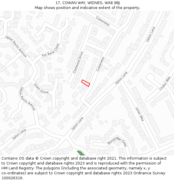 17, COWAN WAY, WIDNES, WA8 9BJ: Location map and indicative extent of plot