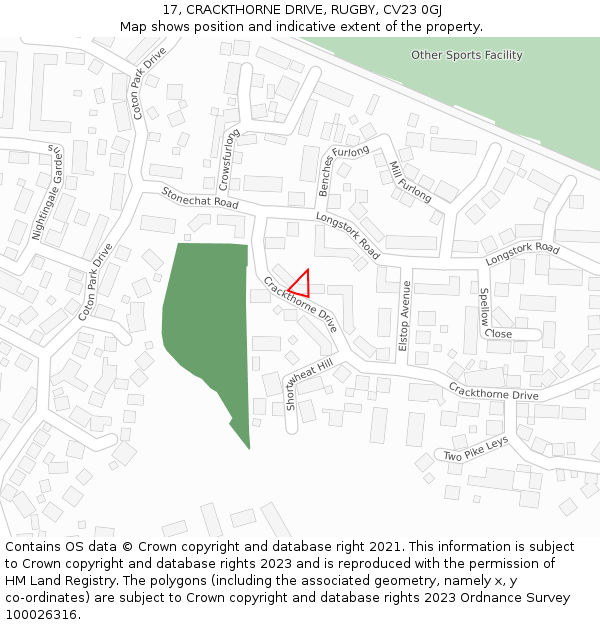 17, CRACKTHORNE DRIVE, RUGBY, CV23 0GJ: Location map and indicative extent of plot