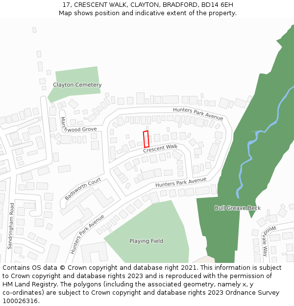 17, CRESCENT WALK, CLAYTON, BRADFORD, BD14 6EH: Location map and indicative extent of plot