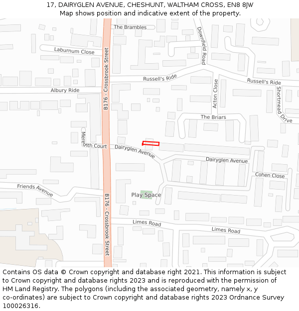 17, DAIRYGLEN AVENUE, CHESHUNT, WALTHAM CROSS, EN8 8JW: Location map and indicative extent of plot