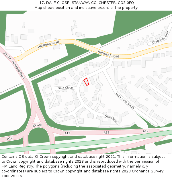 17, DALE CLOSE, STANWAY, COLCHESTER, CO3 0FQ: Location map and indicative extent of plot