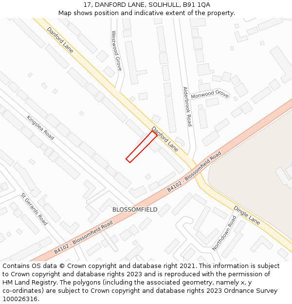 17, DANFORD LANE, SOLIHULL, B91 1QA: Location map and indicative extent of plot