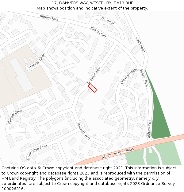 17, DANVERS WAY, WESTBURY, BA13 3UE: Location map and indicative extent of plot