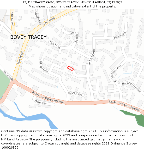 17, DE TRACEY PARK, BOVEY TRACEY, NEWTON ABBOT, TQ13 9QT: Location map and indicative extent of plot
