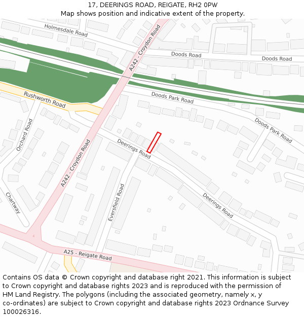 17, DEERINGS ROAD, REIGATE, RH2 0PW: Location map and indicative extent of plot