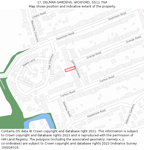 17, DELMAR GARDENS, WICKFORD, SS11 7NA: Location map and indicative extent of plot