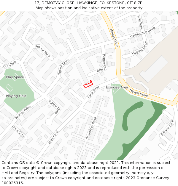 17, DEMOZAY CLOSE, HAWKINGE, FOLKESTONE, CT18 7PL: Location map and indicative extent of plot