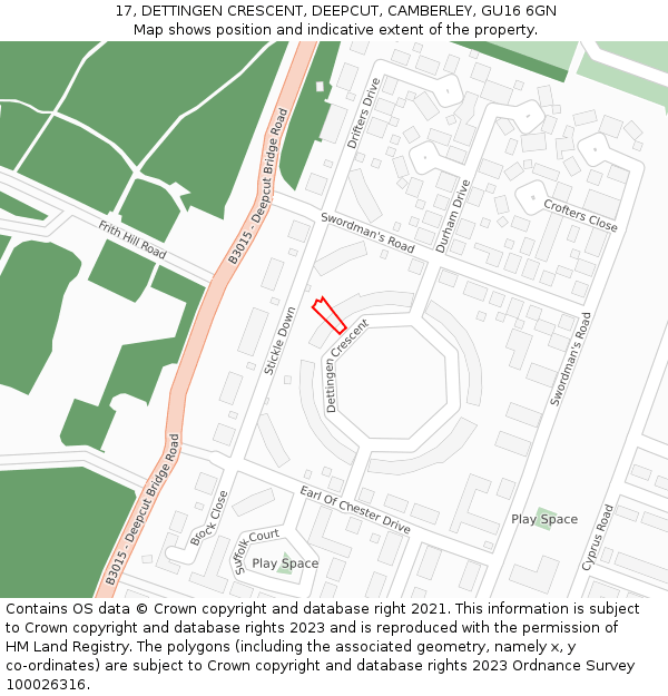 17, DETTINGEN CRESCENT, DEEPCUT, CAMBERLEY, GU16 6GN: Location map and indicative extent of plot